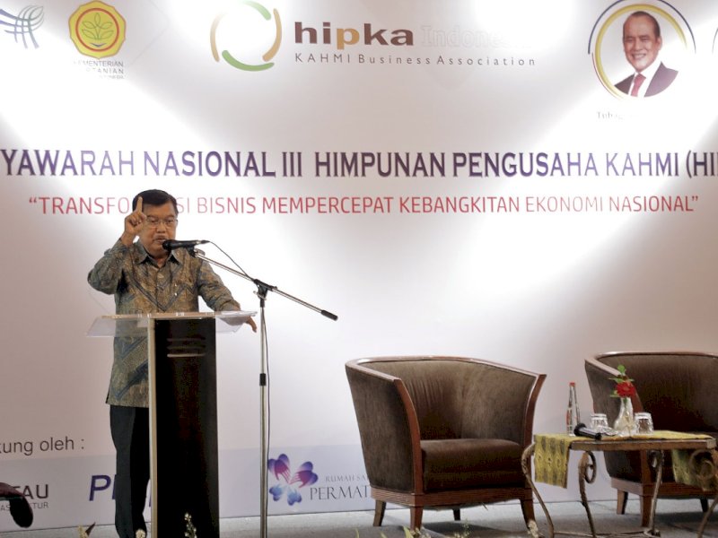 Jusuf Kalla saat memberi sambutan Munas ke III HIPKA, di Hotel Sultan Jakarta, Selasa (6/12/2022).