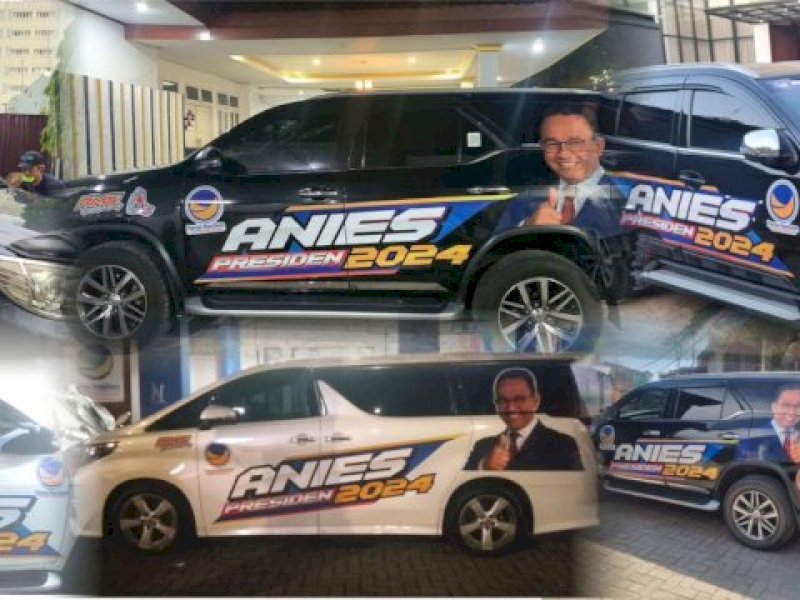 Mobil branding bertuliskan "Anies Presiden 2024".