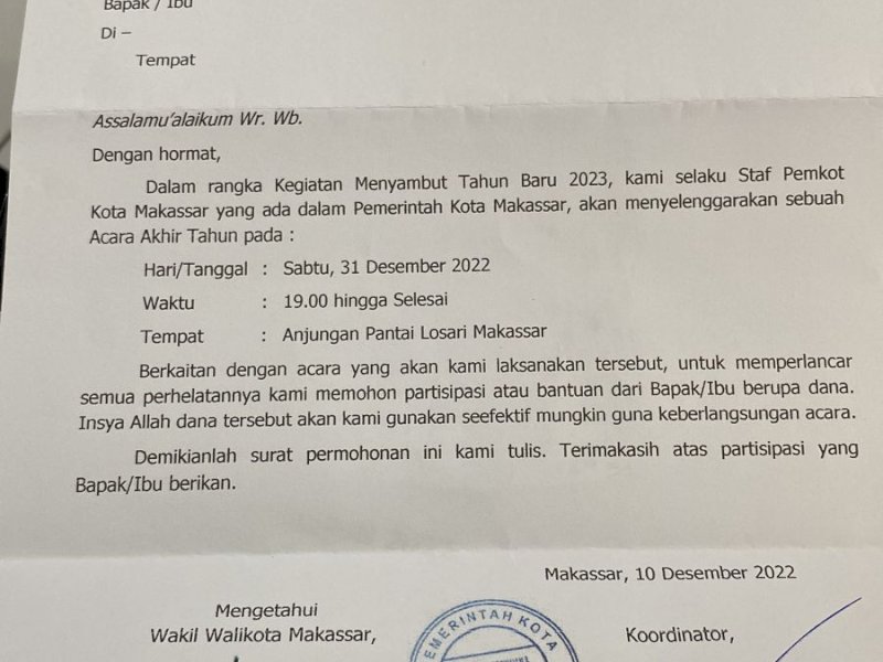 Surat dan proposal permintaan dana palsu catut nama Wawali Makassar. 