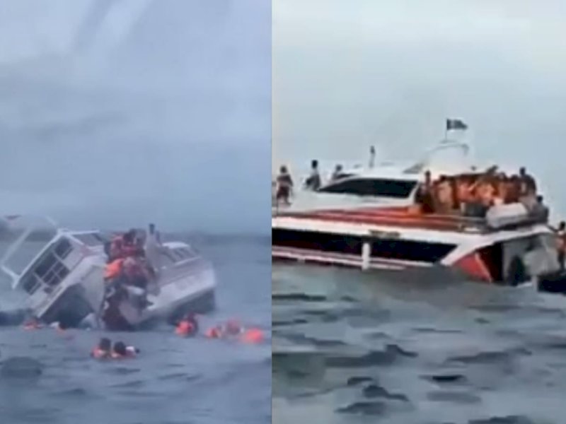 Terekam video kapal cepat Kebo Iwa Express tenggelam di perairan Desa Ketewel, sebelah utara pantai Sanur, Kabupaten Gianyar, Bali, Selasa (3/1/2023) pukul 17.20 Wita. (Foto tangkapn layer dari akun twitter @SeeU2Morrow).

