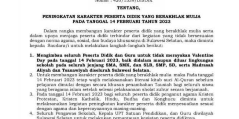 Pemprov Sulsel Larang Perayaan Valentine