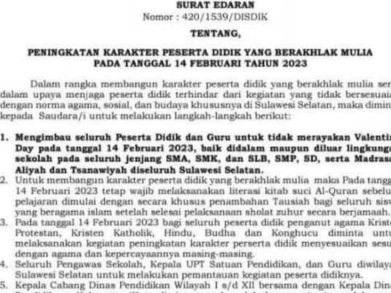 Surat Edaran Pemprov Sulsel yang melarang perayaan hari Valentine.