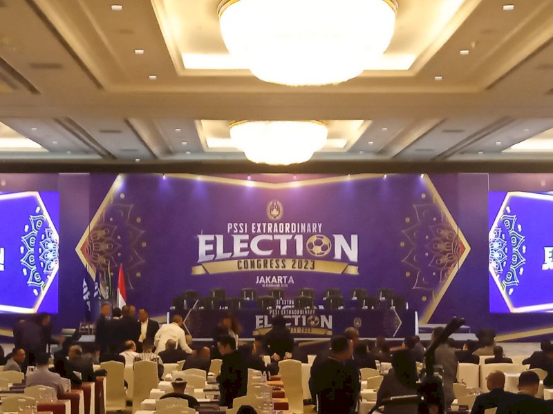 Suasana ruangan Kongres Luar Biasa (KLB) PSSI yang diselenggarakan di Hotel Sangri-La, Jakarta, Kamis (16/2/2023). @Jejakfakta/ist