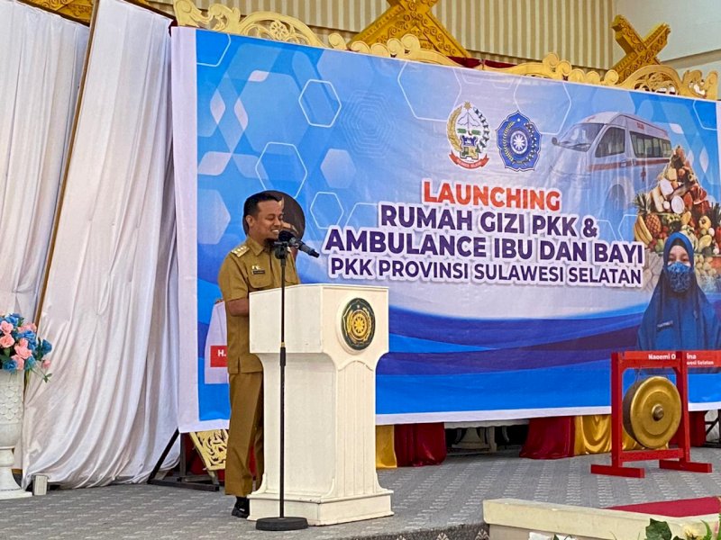 Gubernur Sulsel Andi Sudirman sambutan launching Rumah Gizi di Gedung Kartini, Jl Masjid Raya, Makassar, Selasa (7/3/2023).