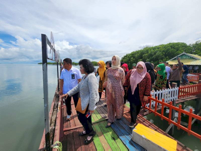 Ketua umum Ikawati ATR/BPN Nanny Hadi Tjahjanto, didampingi ketua Dekranasda Pangkep Nurlita Wulan Purnama mengunjungi desa wisata mangrove desa Bulu Cindea. @Jejakfakta/dok. Humas Pangkep