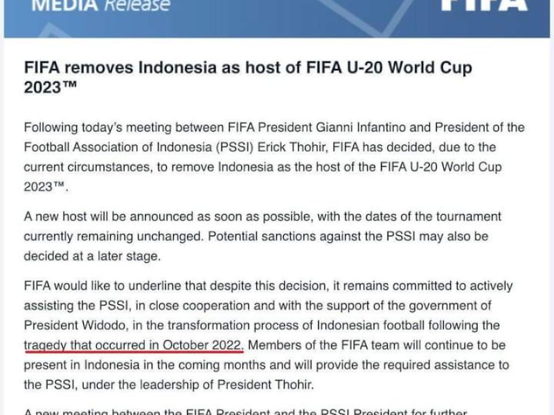 Surat resmi FIFA Rabu (29/3/2023) yang resmi mencabut status Indonesia sebagai tuan rumah Piala Dunia U-20 2023. 
