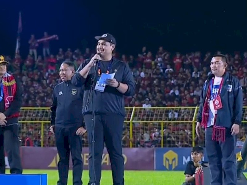 Menpora Ario Bimo Nandito Ariotedjo saat memberikan sambutan usai laga PSM Makassar lawan Borneo FC di Stadion GBH Parepare Minggu (16/4/2023)(ist)