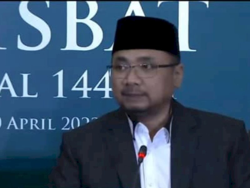 Menteri Agama Yaqut Cholil Qoumas dalam konferensi pers yang digelar usai Sidang Isbat 1 Syawal 1444H.&nbsp;@Jejakfakta/Ist.