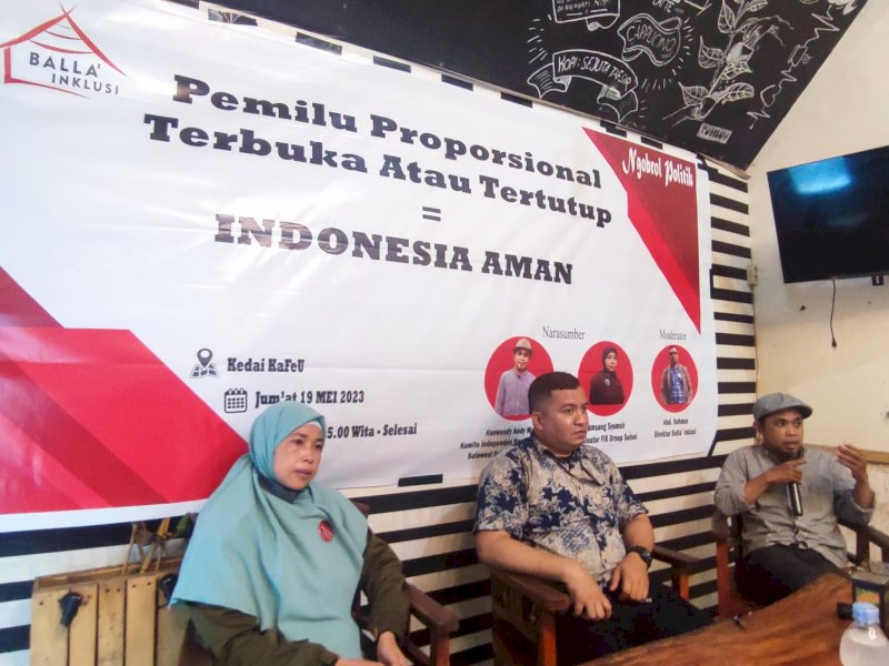 Ngobrol Politik bertajuk Pemilu Proporsional Terbuka atau Tertutup=Indonesia Aman yang digelar Balla' Inklusi Sulsel di Cafe U Makassar,  Jumat (19/5/2023). @Jejakfakta/dok. ist