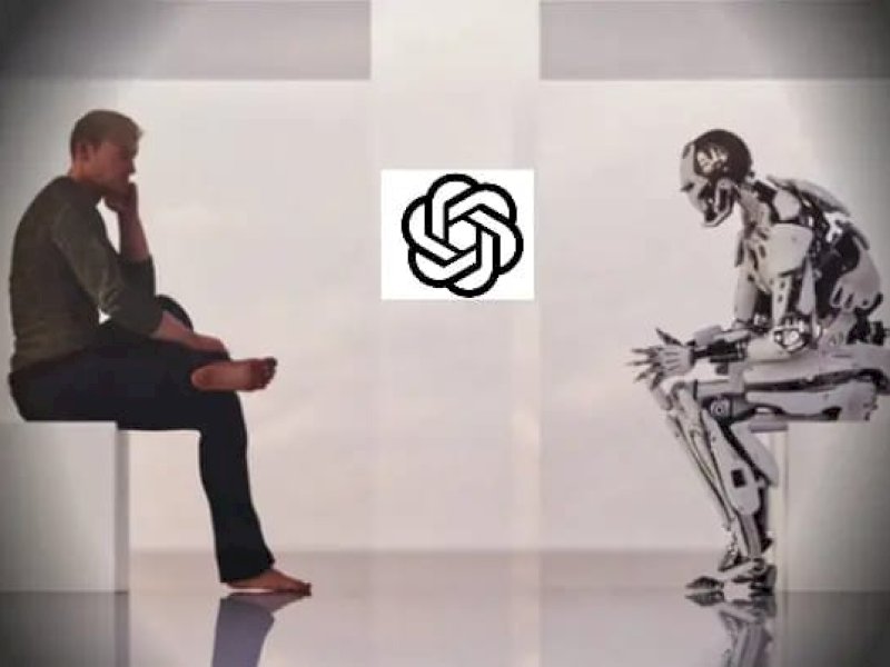 Ilustrasi manusia dan gambaran robot kecerdasan buatan serta logo ChatGPT Open AI (tengah). (sahityt).