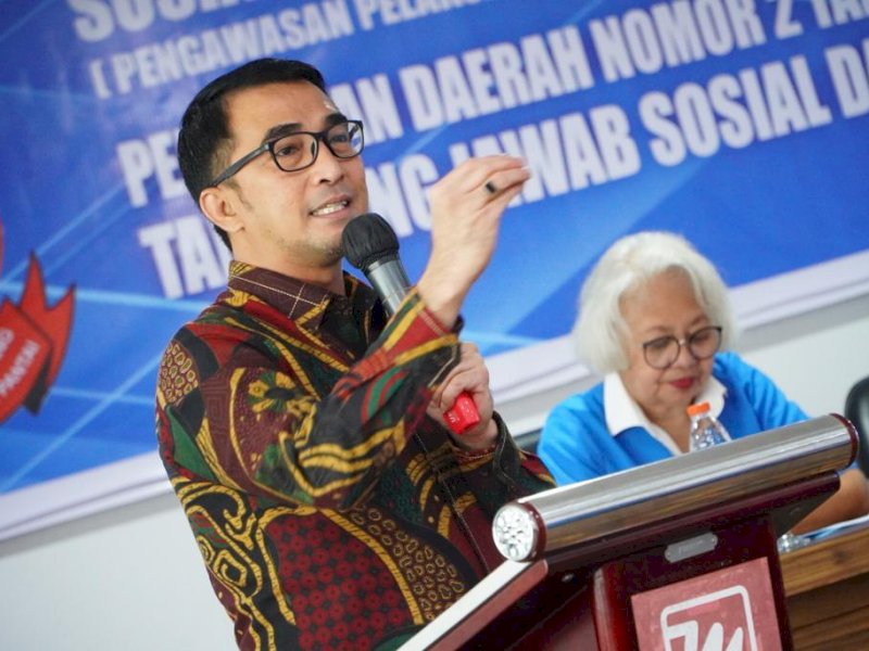 Mario David, anggota DPRD Kota Makassar Fraksi Nasdem, sosialisasi peraturan daerah (Perda) Nomor 2 Tahun 2016 tentang tanggung jawab sosial dan lingkungan perusahaan di Hotel Grand Maleo, Panakkukang, Kota Makassar, Sabtu (20/5/2023).