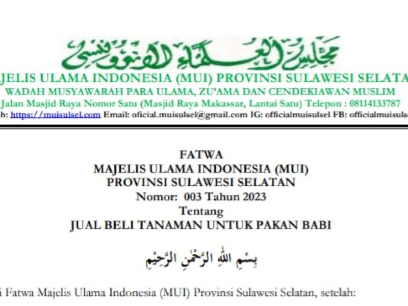 Fatwa MUI Sulsel Nomor: 003 Tahun 2023 tentang jual beli tanaman untuk pakan babi.
