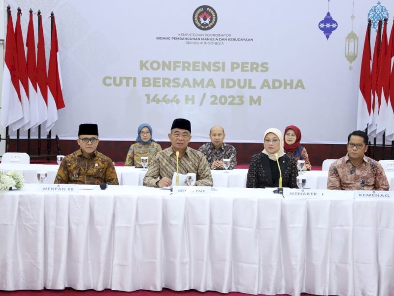 Konferensi Pers tentang Cuti Bersama Iduladha 1444 H/2023 M di Kantor Kemenko PMK, Jakarta, Kamis (22/6/2023).