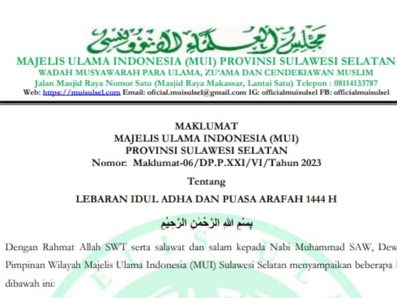 Maklumat MUI Sulsel tentang puasa Arafah dan Iduladha 1444 H/2023 M.