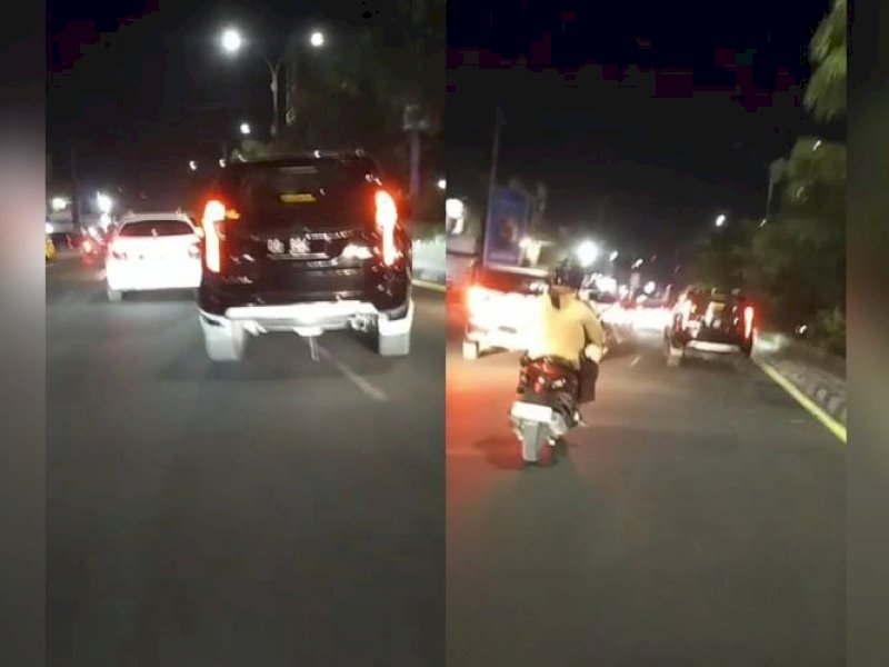 Potongan gambar aksi ugal-ugalan mobil Pajero Sport di tengah jalan hingga membuat satu pengendara motor terjatuh.(Instagram TeropongMakassar)