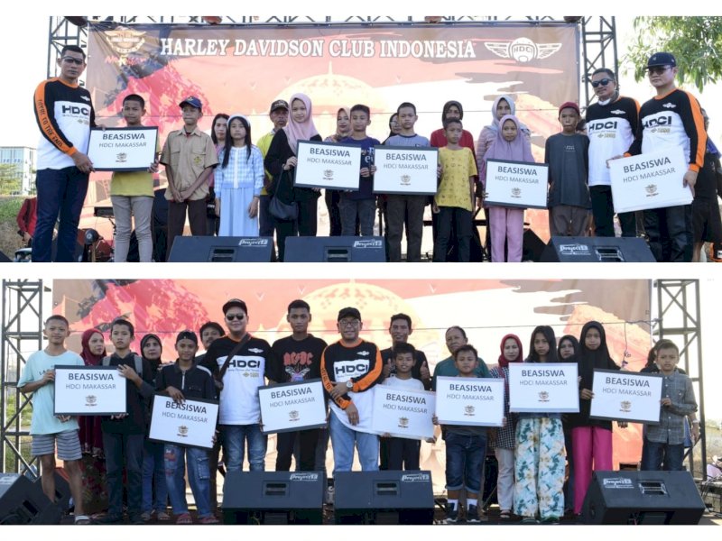 Harley Davidson Club Indonesia (HDCI) Chapter Makassar merayakan HUT RI ke 78, dengan berbagi beasiswa kepada 30 orang anak berprestasi dan kurang mampu. @Jejakfakta/Reza Arifuddin