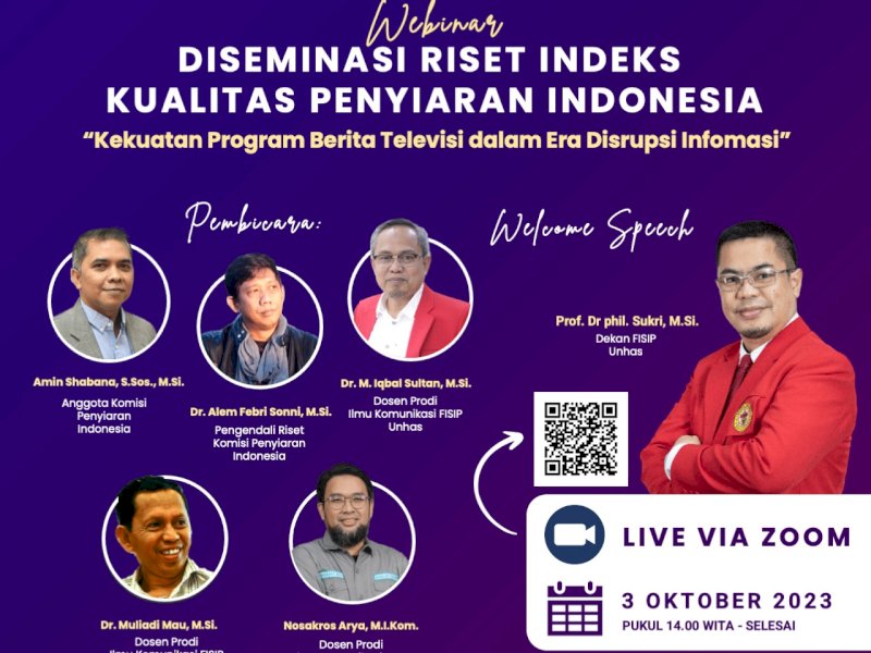 Komisi Penyiaran Indonesia (KPI) Pusat dan FISIP Universitas Hasanuddin menyelenggarakan webinar Diseminasi Riset Indeks Kualitas Penyiaran Indonesia (3/10). @Jejakfakta/ dok. Fisip Unhas