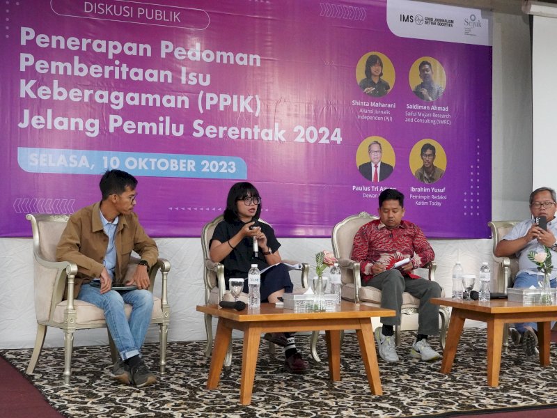Diskusi Publik Penerapan Pedoman Pemberitaan Isu Keberagaman (PPIK) Jelang Pemilu Serentak 2024 yang digelar Serikat Jurnalis untuk Keberagaman (SEJUK) bekerja sama dengan International Media Support (IMS), di Hotel Gren Alia Jakarta, Selasa (10/10/2023). @Jejakfakta/dok. Sejuk 