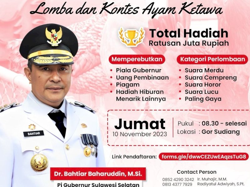 Pemerintah Provinsi Sulsel akan menggelar Kontes Ayam Ketawa, Jumat, 10 November 2023. Lomba ini akan memperebutkan Piala Gubernur, selain hadiah uang jutaan rupiah. @Jejakfakta/dok. humas Pemprov Sulsel