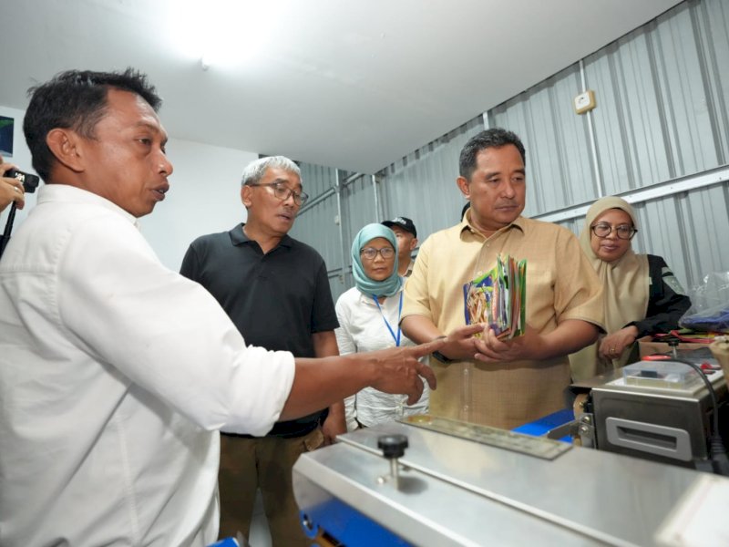 Penjabat (Pj) Gubernur Sulsel Bahtiar Baharuddin dan Wakil Ketua DPRD Sulsel Syaharuddin Alrif, melakukan kunjungan ke pabrik pengolahan keripik pisang Loka Sidenreng yang berada di Desa Damai, Kecamatan Watang Sidenreng, Kabupaten Sidrap, Sabtu (25/11/2023). @Jejakfakta/dok. Humas Pemprov Sulsel