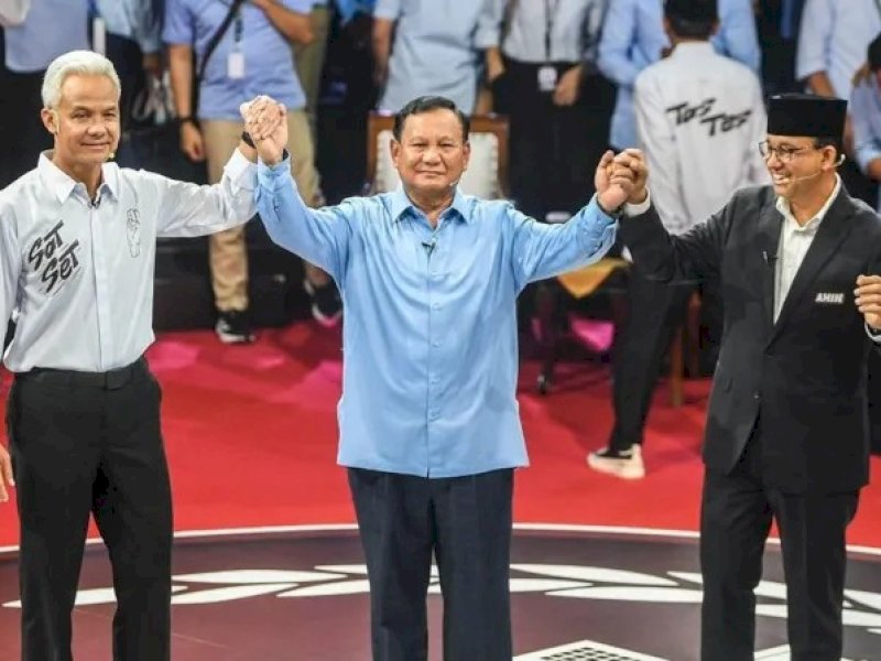 Tiga Capres 2024 (dari kiri ke kanan): Ganjar Pranowo, Prabowo Subianto, dan Anies R Baswedan.