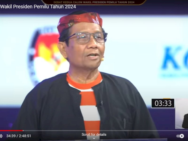 Calon wakil presiden (cawapres) nomor urut 3 Mahfud MD. (Tangkapan Layar/KPU)