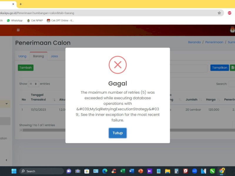 Hasil pengawasan Bawaslu Maris di Help Desk mendapati aplikasi Sikadeka sering mengalami down dan tidak dapat di akses. Sehingga menghambat proses pelaporan LADK partai politik peserta pemilu. @Jejakfakta/tangkapan layar Sikadeka