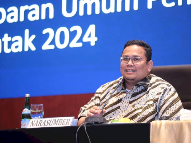 Ketua Bawaslu RI Rahmat Bagja saat jadi narasumber bimbingan teknis rekapitulasi hasil penghitungan suara Pemilu Serentak 2024, Ahad (4/2/2024).