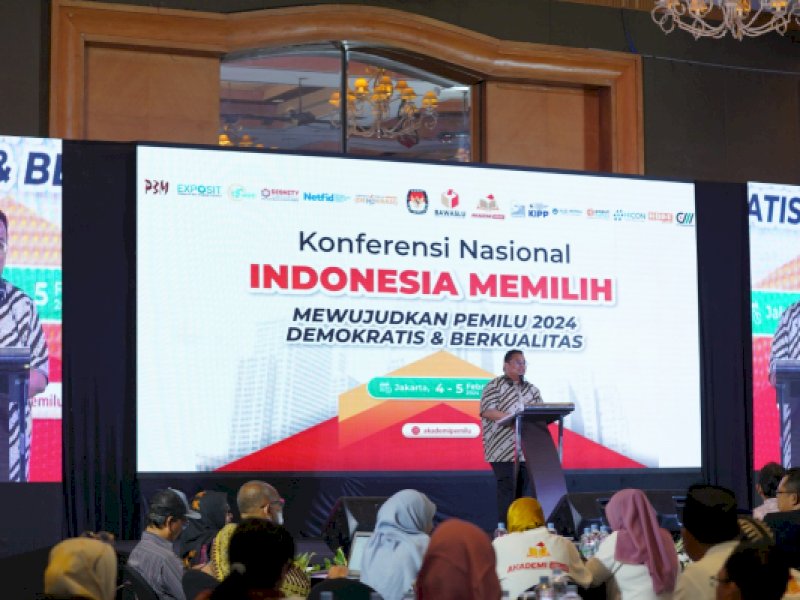Bagja dalam Konferensi Nasional Indonesia Memilih Mewujudkan Pemilu Demokratis dan Berkualitas, di Jakarta, Ahad (4/2/2024). Penyelenggara Akademi Pemilu dan Demokrasi (APD).