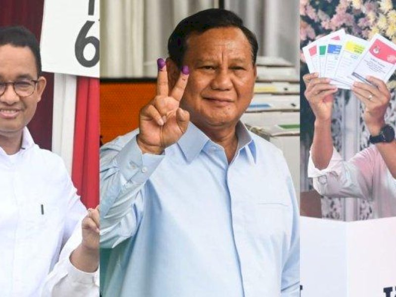 Calon Presiden Anies Baswedan, Prabowo Subianto, dan Ganjar Pranowo (paling kiri ke kanan) saat menggunakan suaranya pada Pemilu 2024 di Tempat Pemungutan Suara (TPS), Rabu (14/2/2024). @Foto: Antara