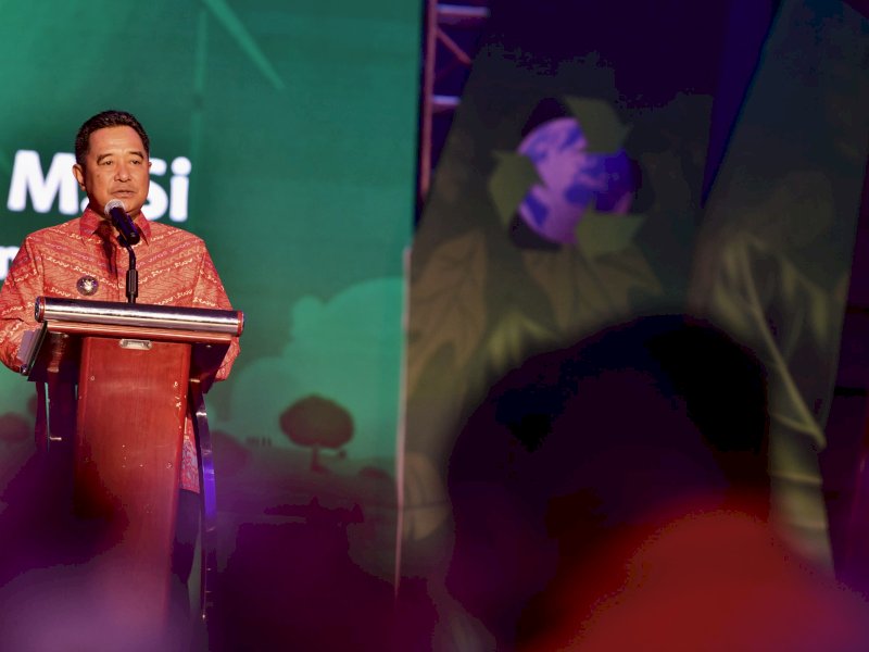 Penjabat Gubernur Sulsel, Bahtiar Baharuddin, saat memberikan sambutan pada Rapat Koordinasi Khusus (Rakorsus) Pemerintah Kota Makassar Tahun 2024&nbsp;di Hotel Sheraton By Four Points, Makassar, Senin (26/2/2024).&nbsp;@Jejakfakta/dok. Humas Pemprov Sulsel