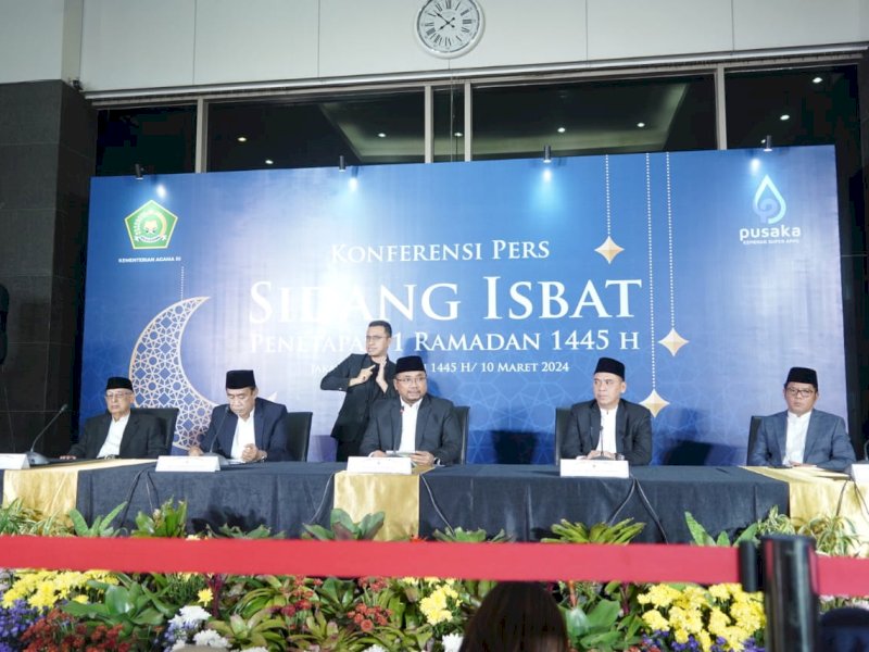 Sidang isbat (penetapan) 1 Ramadan 1445 H yang dipimpin Menteri Agama Yaqut Cholil Qoumas di Kantor Kementerian Agama, Jalan MH Thamrin, Jakarta, Minggu (10/3/2024). @Jejakfakta/dok. Kemenag