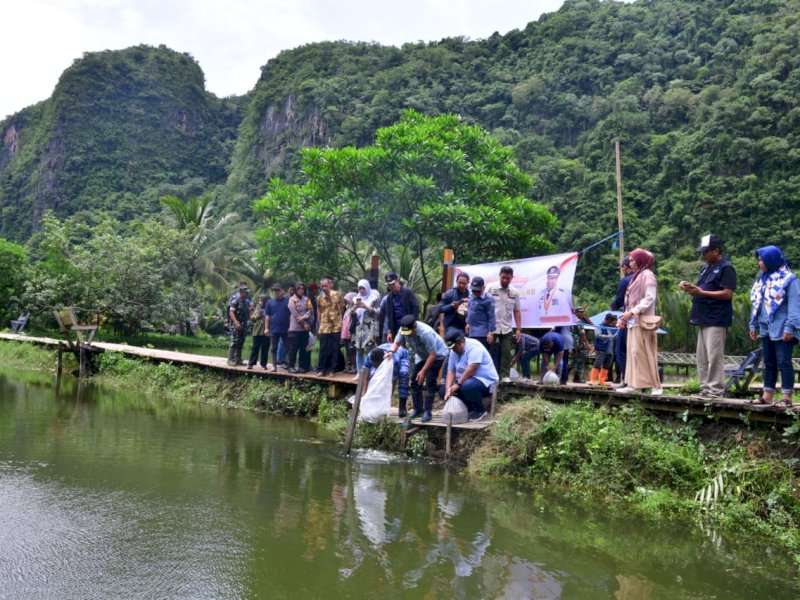 Pj Gubernur Sulsel, Bahtiar Baharuddin  didampingi Bupati Maros Chaidir Syam serta jajaran Forkopimda Maros, menebar benih ikan nila di kolam ikan kawasan wisata Rammang-Rammang, Sabtu (16/3/2024). @Jejakfakta/dok. Humas Pemprov Sulsel