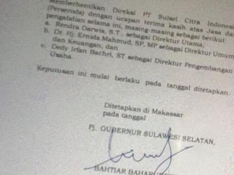 Surat pemecatan direksi PT SCI (Perseroda) Sulsel. @Jejakfakta/dok. Istimewa