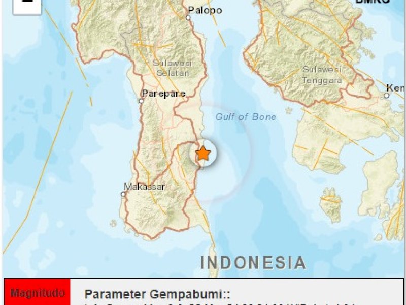BMKG Wilayah IV Makassar melaporkan telah terjadi gempa dengan magnitudo M 3,6 di wilayah kabupaten Bone, Sulawesi Selatan, Senin (25/3/2024) sekitar pukul 21.21 Wita. @Jejakfakta/BMKG