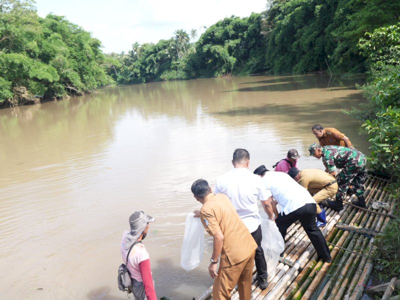 Pj Gubernur Sulawesi Selatan, Bahtiar Baharuddin, bersama Pj Bupati dan Ketua DPRD Bone melakukan penebaran 200 ribu benih ikan nila di Desa Mattampa Walie, Kecamatan Lamuru, Kabupaten Bone, Selasa (26/3/2024).  @Jejakfakta/dok. Humas Pemprov Sulsel