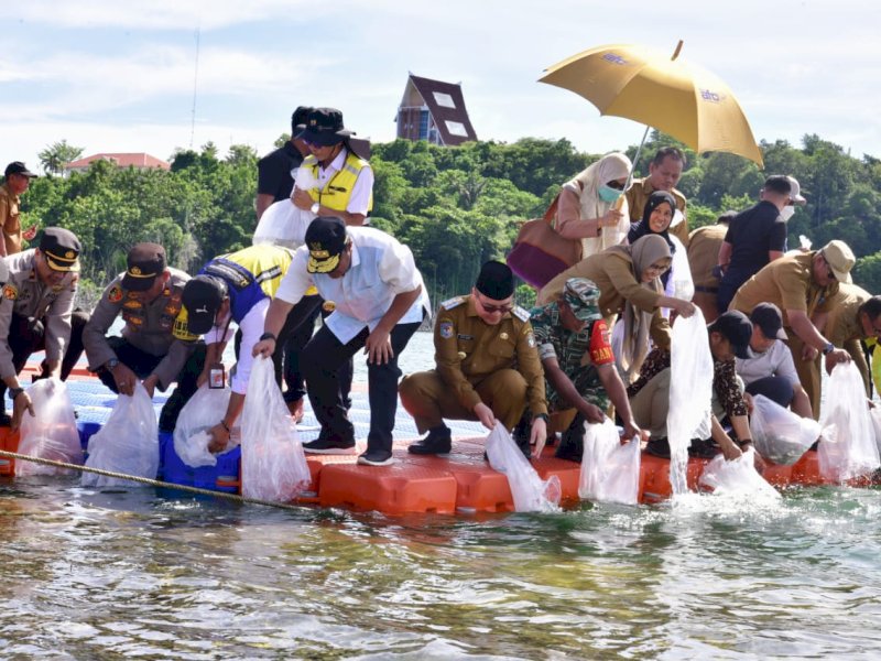 Penjabat Gubernur Sulsel, Bahtiar Baharuddin  bersama Pj Bupati Wajo dan seluruh OPD lingkup Pemprov Sulsel maupun Kabupaten Wajo kompak menebar benih ikan nila sebanyak 250 ribu di Bendungan Kalola dan Bendungan Paselloreng, Selasa (2/3/2024). @Jejakfakta/dok. Humas Pemprov Sulsel