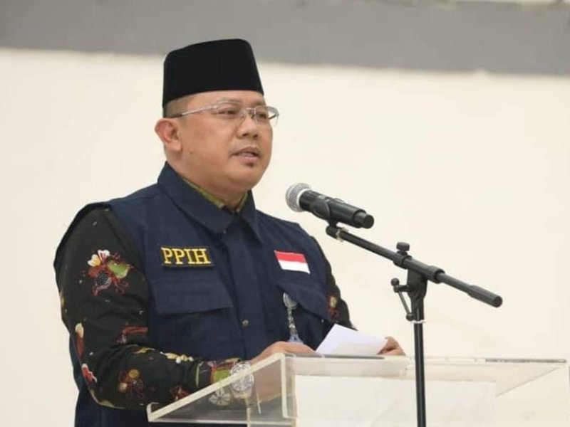 Direktur Pelayanan Haji Dalam Negeri pada Ditjen Penyelenggaraan Haji dan Umrah Saiful Mujab saat memberikan keterangan pers di Jakarta, Jumat (3/5/2024). @Jejakfakta/dok. Kemenag