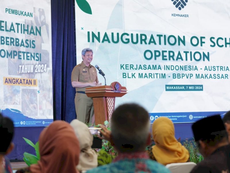 enjabat Sekertaris Daerah Provinsi Sulawesi Selatan, Andi Muhammad Arsjad, menghadiri Inauguration of School Operation Kerjasama Indonesia - Austria, Balai Latihan Kerja (BLK) Maritim, Balai Besar Pelatihan Vokasi dan Produktivitas (BBPVP) Makassar, di Aula Syekh Yusuf BBPVP Makassar, Selasa (7/5/2024). @Jejakfakta/dok. Humas Pemprov Sulsel