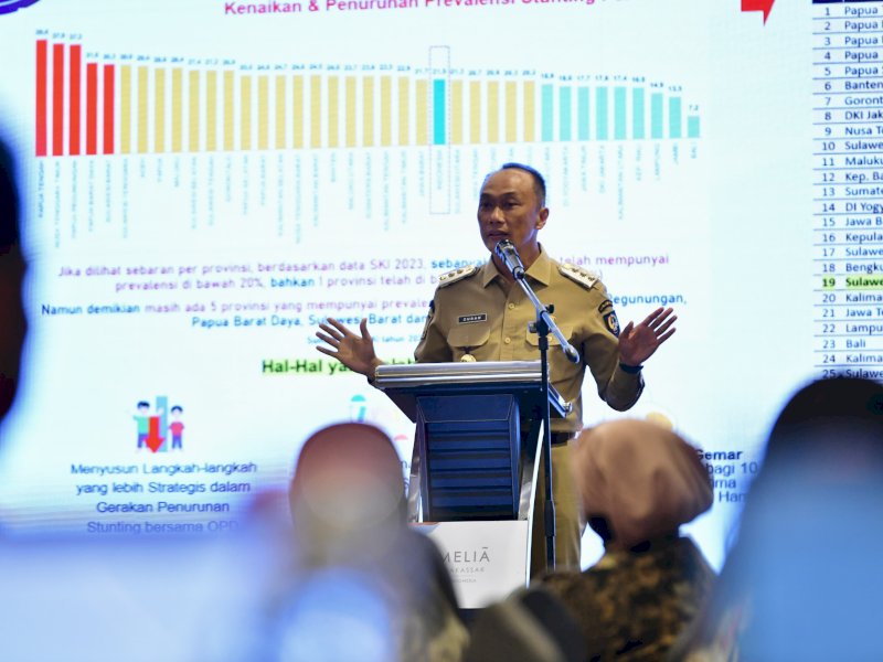 Penjabat Gubernur Sulawesi Selatan, Zudan Arif Fakrulloh saat menghadiri Temu Regional 3 Sulawesi, Maluku dan Papua dan Intervensi Serentak Percepatan Penanganan Stunting 2024, di Hotel Melia Makassar, Senin (27/5/2024). @Jejakfakta/dok. Humas Pemprov Sulsel