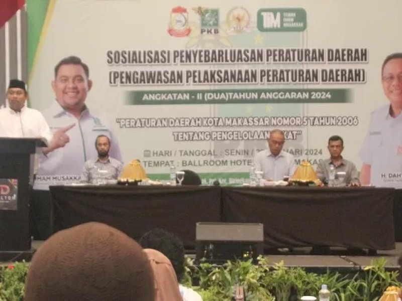 Anggota DPRD Makassar Imam Musakkar sosialisasi penyebarluasan Perda Nomor 5 Tahun 2006 tentang pengelolaan zakat, di Hotel Dalton, Jl Perintis Kemerdekaan, Senin (29/1/2024).