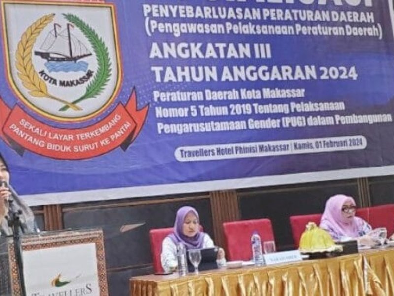 Anggota DPRD Kota Makassar Fatma Wahyudin menggelar fungsi pengawasan dalam rangka penyeberluasan peraturan Perda Nomor 5 Tahun 2010 tentang Pengarusutamaan Gender (PUG) dalam Pembangunan, di Hotel Travelers Phinisi, Jl Lamaddukelleng Buntu, Kamis (1/2/2024).