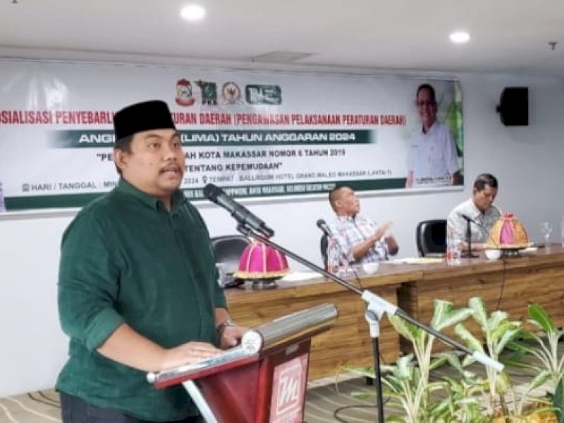 Imam Musakkar saat menggelar fungsi pengawasan dalam rangka penyeberluasan peraturan daerah (Perda) Nomor 6 Tahun 2019 tentang kepemudaan, di Hotel Grand Maleo, Kota Makassar, Ahad (4/2/2024).