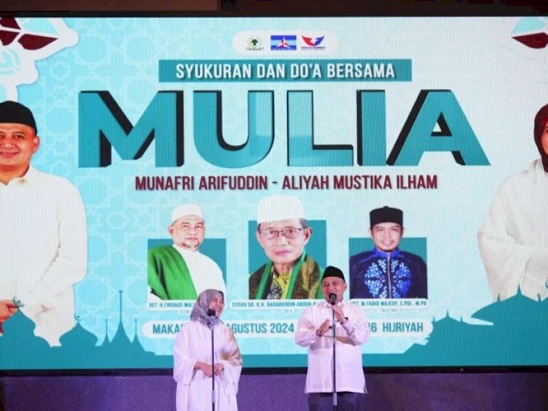 Bakal kontestan Pilwali Makassar 2024 Munafri Arifuddin-Aliyah Mustika, dengan akronim "Mulia" mengadakan syukuran dan doa bersama di Hotel Novotel Makassar Grand Shayla, Jl. Chairil Anwar No.28, Sawerigading, Kecamatan Ujung Pandang, Kota Makassar, Sulawesi Selatan, Senin (19/8/2024).