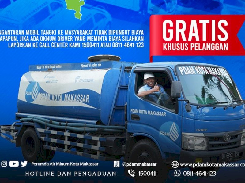 Layanan pengantaran air bersih PDAM Kota Makassar dengan mobil tangki.