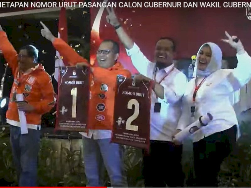 Pasangan Moh Ramdhan Pomanto &ndash; Azhar Arsyad (Danny-Azhar) mendapatkan nomor urut 1, sementara Andi Sudirman Sulaiman &ndash; Fatmawati Rusdi (Sudirman-Fatma) nomor urut 2, pada Pilgub Sulsel, saat rapat pleno terbuka pengundian nomor urut Calon Gubernur dan Wakil Gubernur Sulsel di Hotel Claro Kota Makassar, Senin (23/9/2024). @Jejakfakta/Tangkapan Layar KPU
