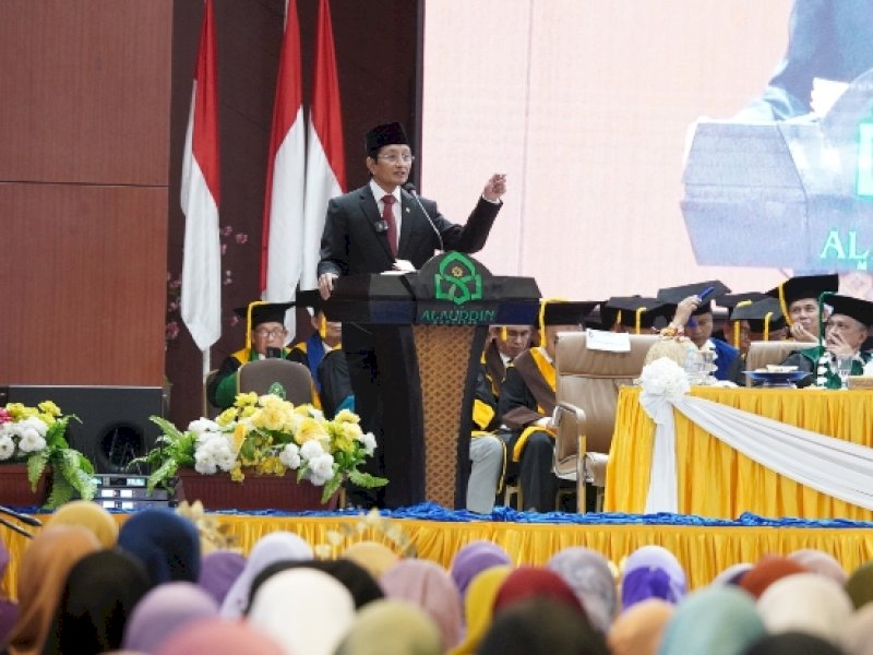 Menteri Agama RI Nazaruddin Umar menyampaikan sambutan dalam kegiatan Dies Natalis UIN Alauddin Makassar, Senin 11 November lalu. @Jejakfakta/Istimewa