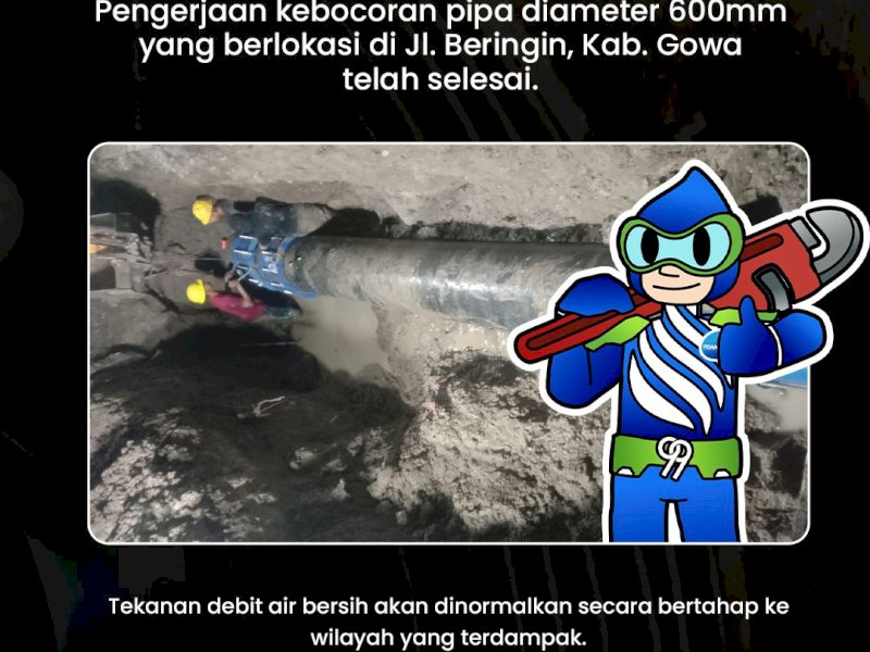 Penanganan Kebocoran Pipa PDAM Makassar di Jl Beringin Gowa Rampung