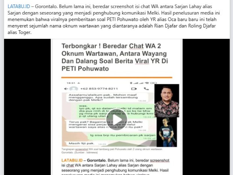 Informasi Fitnah. 2 Jurnalis di Gorontalo mendapat serangan digital dengan penyebaran fitnah di media sosial. @Jejakfakta/Tangkapan Layar  Facebook 