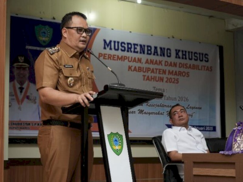 Wakil Bupati Maros Muetazim Mansyur saat menghadiri Musrenbang  yang berfokus pada Perempuan, Anak, dan Disabilitas, di Baruga B, Senin (24/2/2025). @Jejakfakta/Istimewa